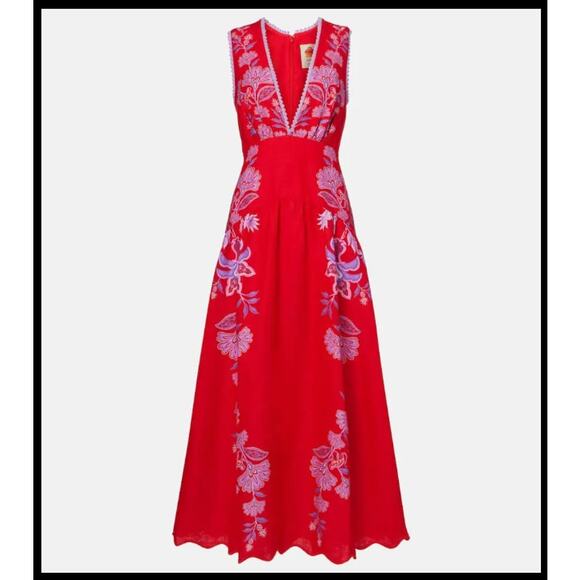 NEW NWT Farm Rio Porcelain Garden Floral Linen Midi Dress Size XS Red - Picture 2 of 8